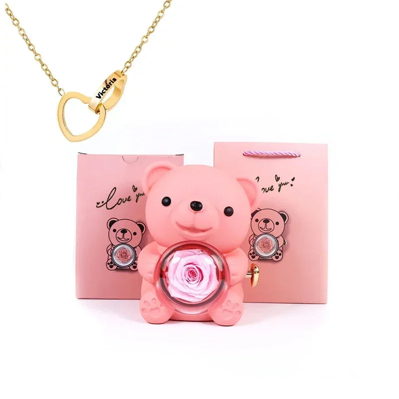 Mini Delicate Heart Engraved Necklace Lovely Bear Jewelry Boxes Valentine's Day Mother Day Birthday Gift Paper Bag Set