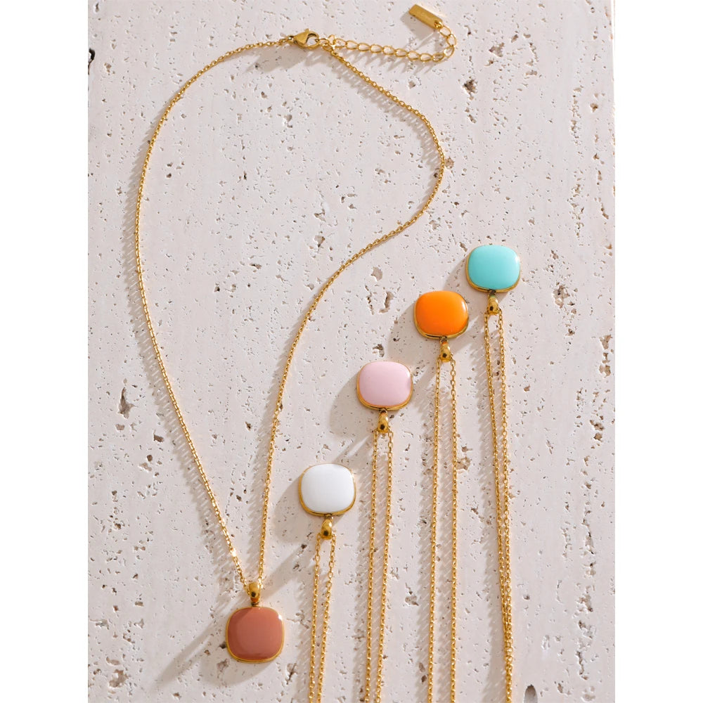 Yhpup Candy Color Sweet Square Pendant Necklace Stainless Steel Gold Color PVD Plated Basic Fashion Jewelry for Women for Girl