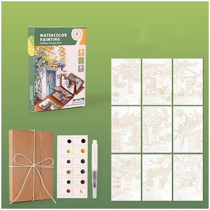 Bview Art Artistic Watercolor Kit: 12-Pan Solid Paints with Expandable Kraft Paper Folder, Compact Travel Painting Supplies
