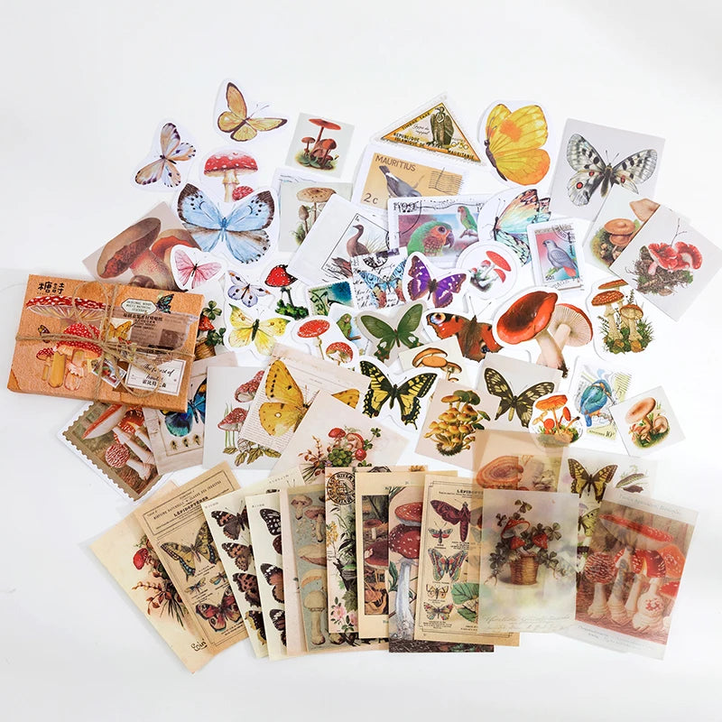 Yoofun 60pcs/pack Multi-Material Sticker Pack Vintage Mushroom Plants butterflies Stickers for Journal Scrapbooking Craft Making