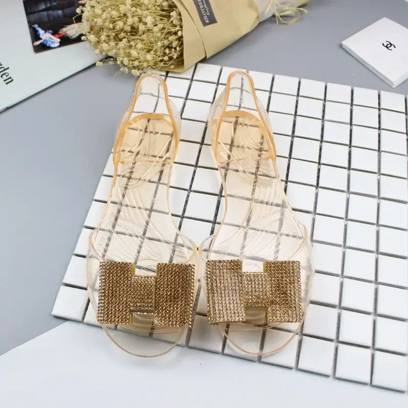 Comemore 2021 New Women Sandals Summer Bling Bowtie Jelly Shoes Woman Casual Peep Toe Transparent Sandals Flat Comfortable Beach