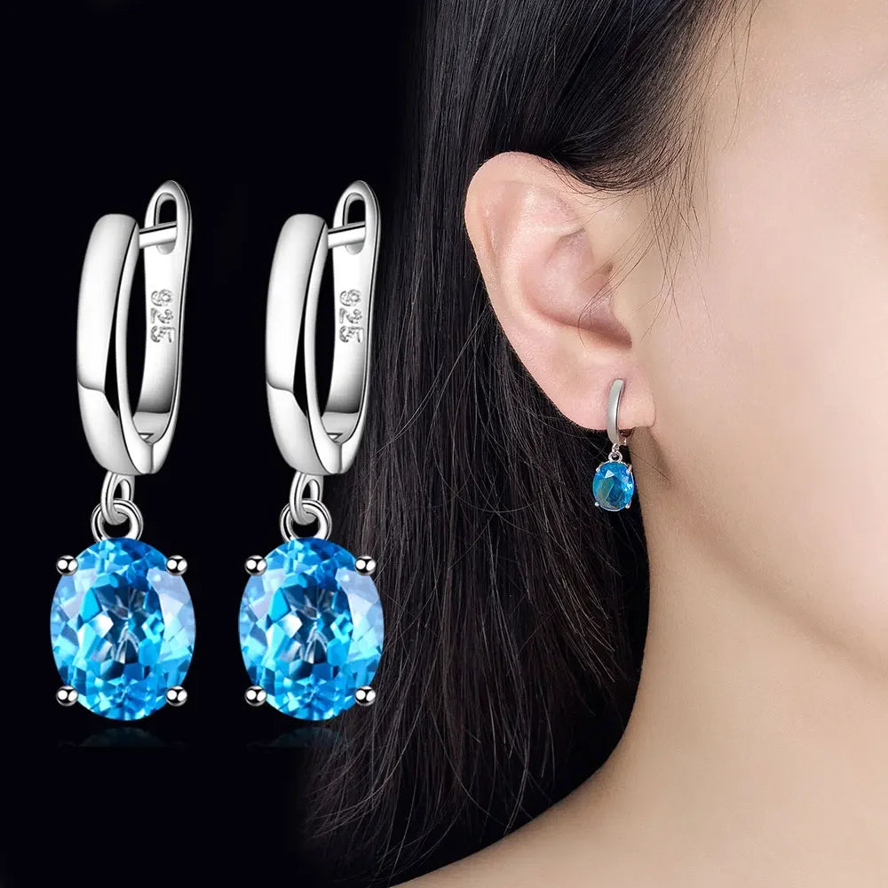 925 Sterling Silver Women's Drop Earrings Natural Red Crystal Peridot Blue Topaz Gemstone Jewelry