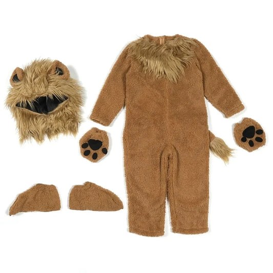 Kids Lion Costume – Furry Plush Jumpsuit with Hood, Gloves & Foot Covers, Ages 2–12