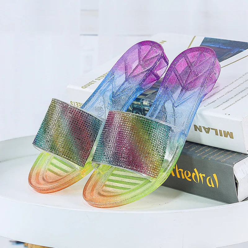 Rainbow Slippers Woman Summer Beach Sandal Outdoor Soft Non Slip Flip Flops Cloud Female Jelly Crystal Shoes Slides Outdoor