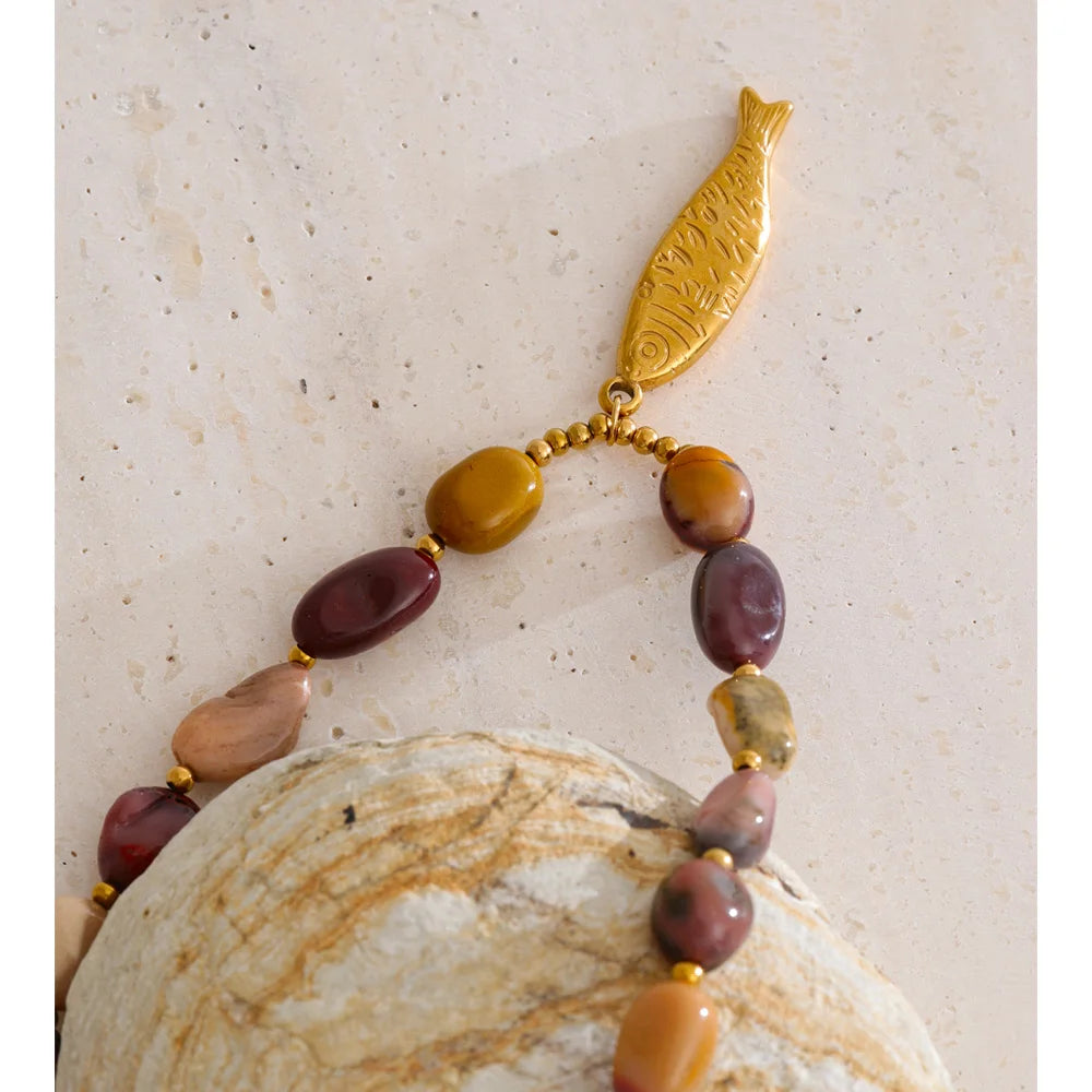 Yhpup Natural Stone Beads Chain Fish Pendant Necklace Ocean Series Stainless Steel Handmade Statement Jewelry Accessories
