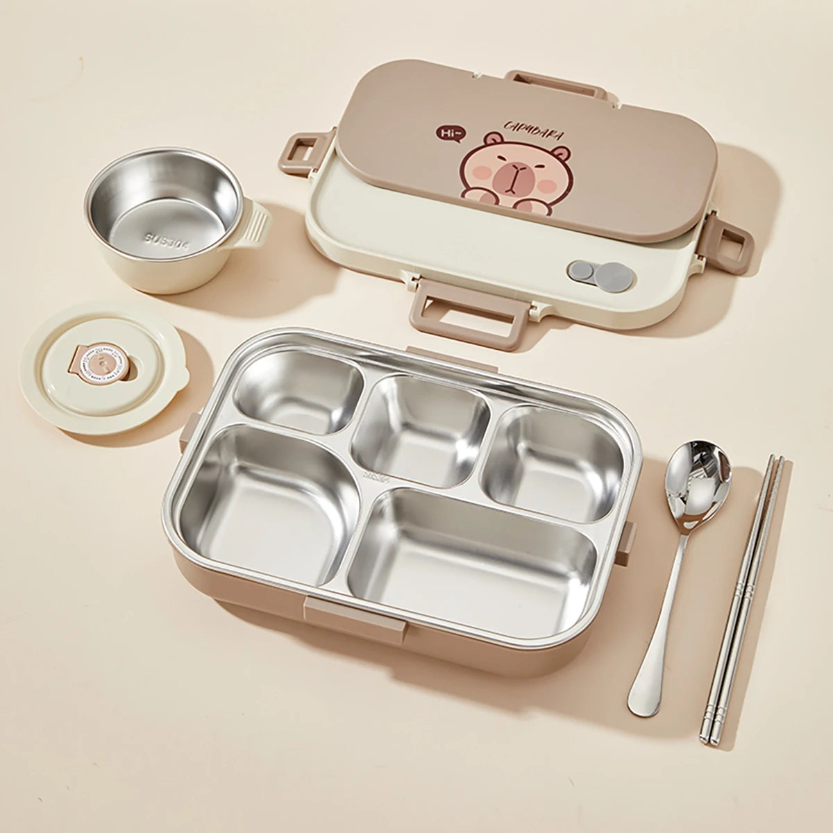 Large Capacity Divided Lunch Container Set For Kids Students Sealed 304 Stainless Steel Bento Lunch Box With Bowl&Cutlery 6
