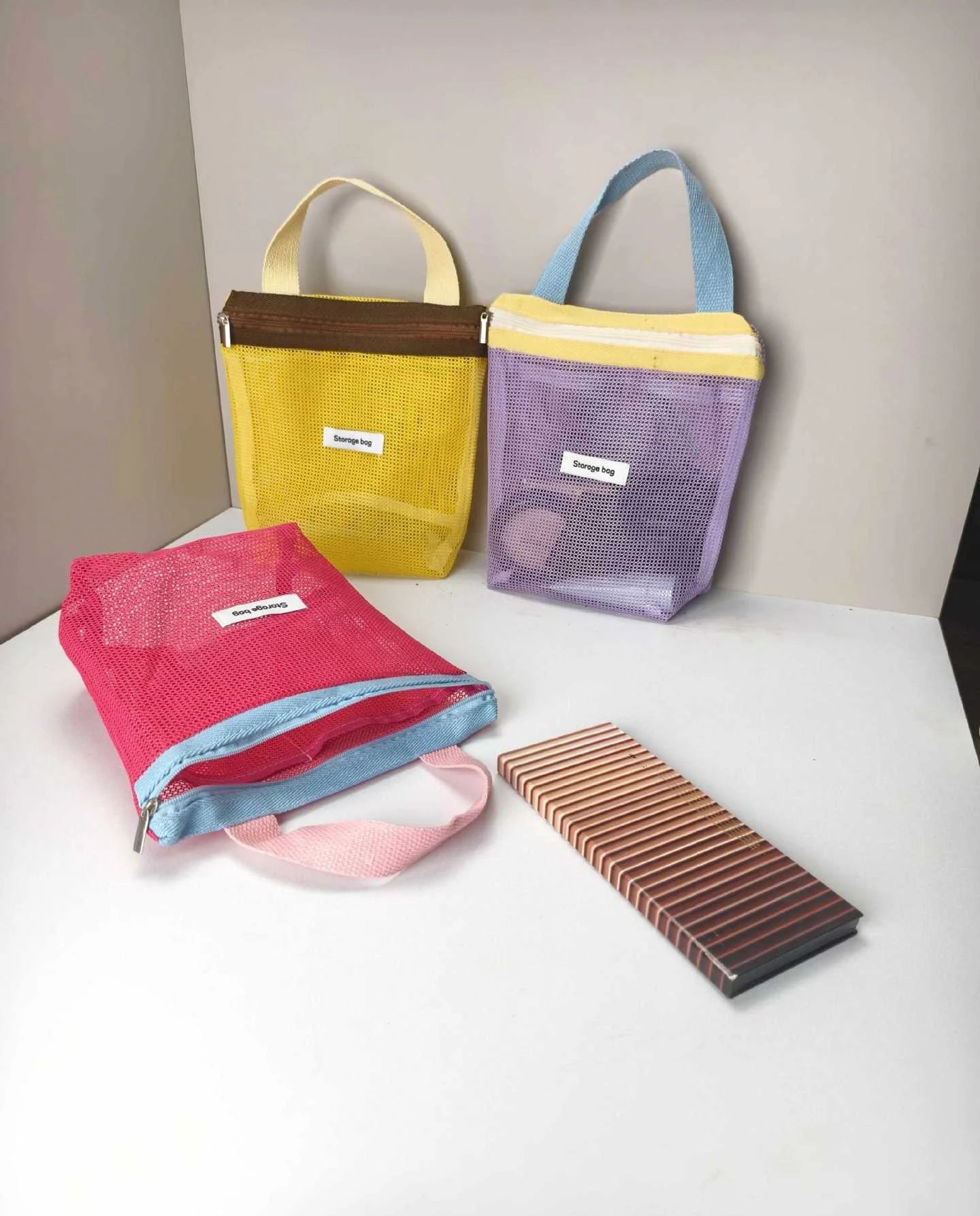 Ins Style Vibrant Bright Color Summer Mesh Tote Bag Small Cosmetic Bag Handbag Foldable Portable Toiletry Bag Women's Beach Bag