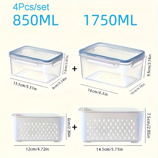 Fridge Food Storage Container Set with Lids with Strainer,Plastic Fresh Produce Saver Vegetable Fruit Meat Storage Organization