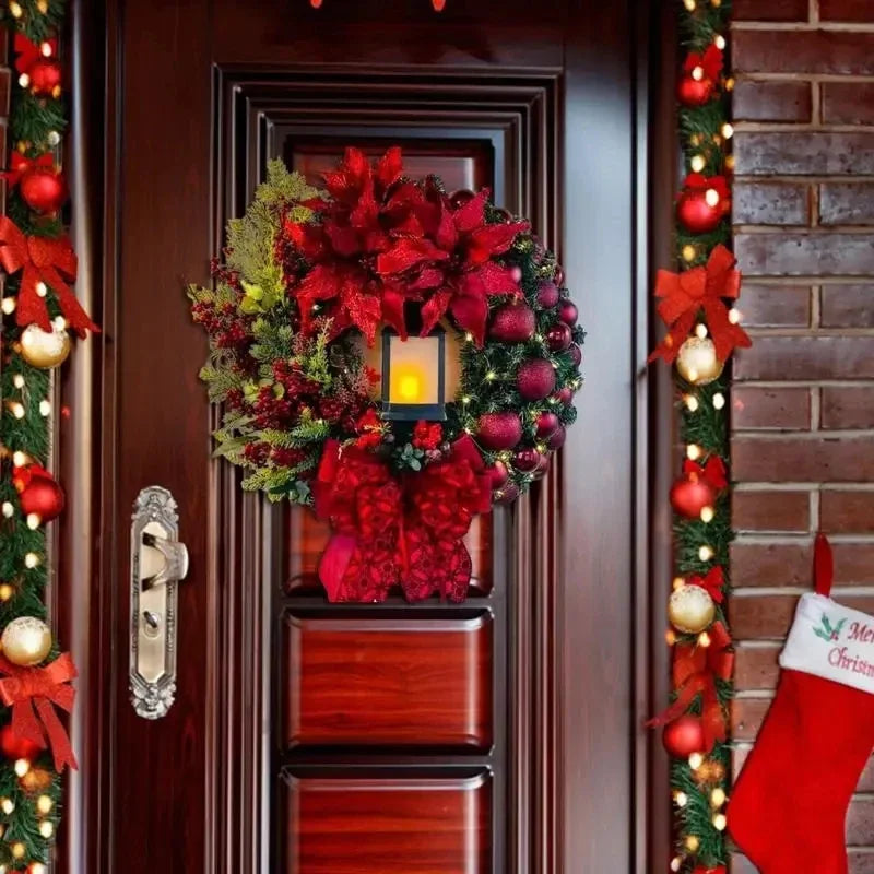 45cm Christmas Decoration Golden Wreath With Lamp For Front Door Red Ball Flower Garland Xmas Ornament Window Wall Hanging Decor