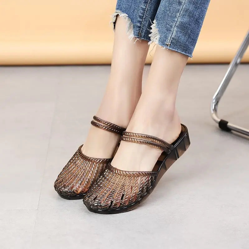 sandalias de mujer verano 2026 closed toe crystal jelly shoes two-way wear sandals for girls wedge cut-outs clogs