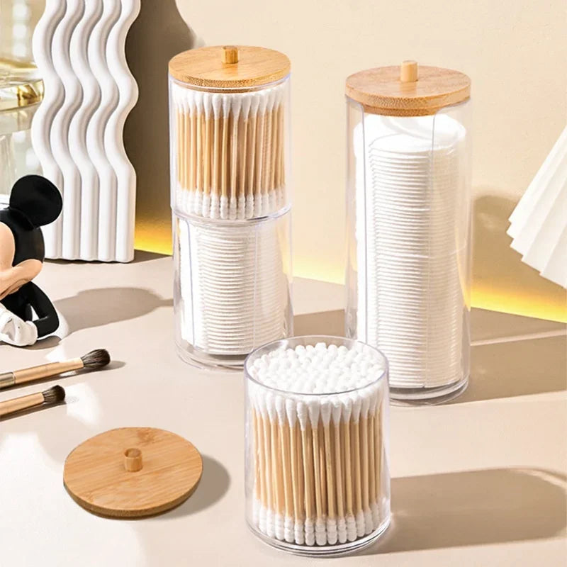 1pcs Cotton Swab Storage Box Acrylic Jar Makeup Organizer Cotton Round Pad Holder Box Q tip Holder Dispenser with Bamboo Lid