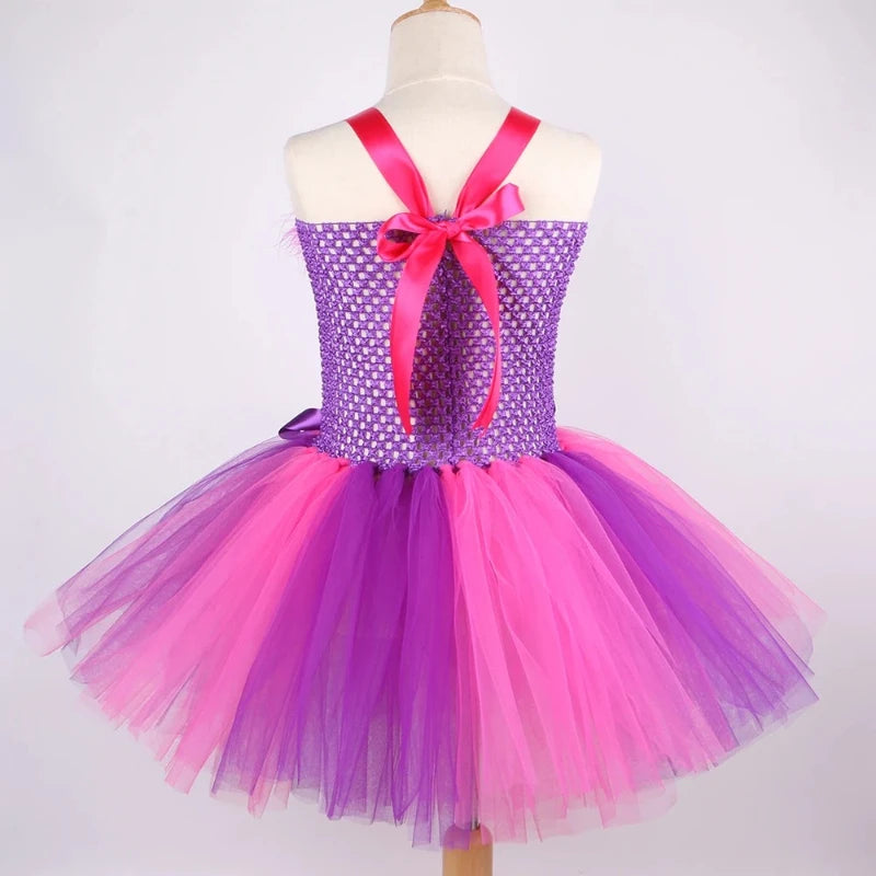 Cartoon Magic Striped Cheshire Cat Tutu Dress Set Girls Halloween Carnival Party Dress New Hot Purple Cat Kids Wonderland Outfit