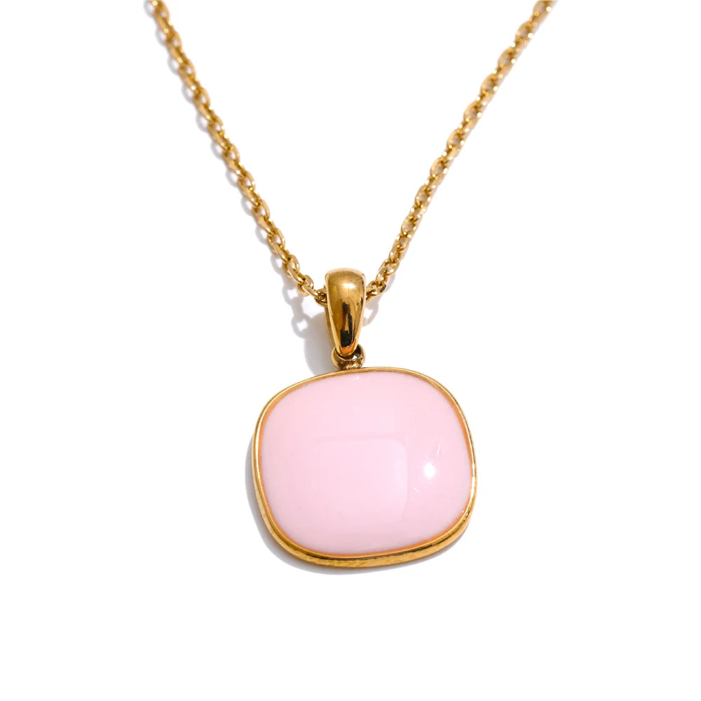 Yhpup Candy Color Sweet Square Pendant Necklace Stainless Steel Gold Color PVD Plated Basic Fashion Jewelry for Women for Girl