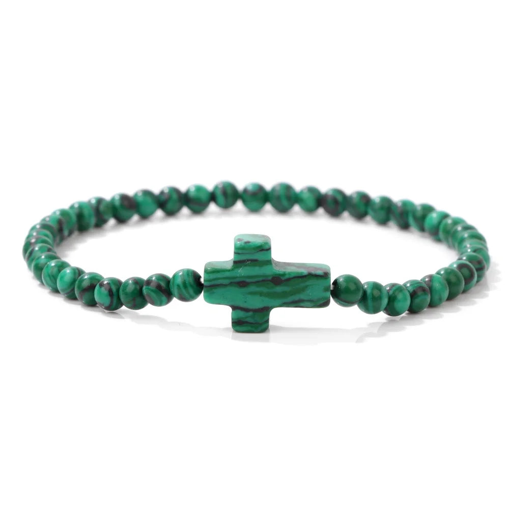 Trendy 4mm Beads Bracelet Stone Cross Charms Bracelet For Women Natural Gems Crystal Bangles Handmade Jewelry Men Yoga Prayer