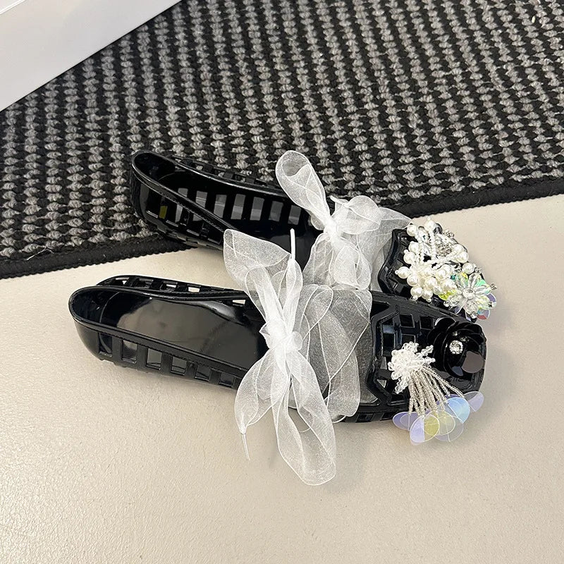 2025 Korea Style Jelly Flats Fashion Lace Band Shoes Accessories Women Loafers Hollow Square Toe Women Beach Sandals Soft Sole
