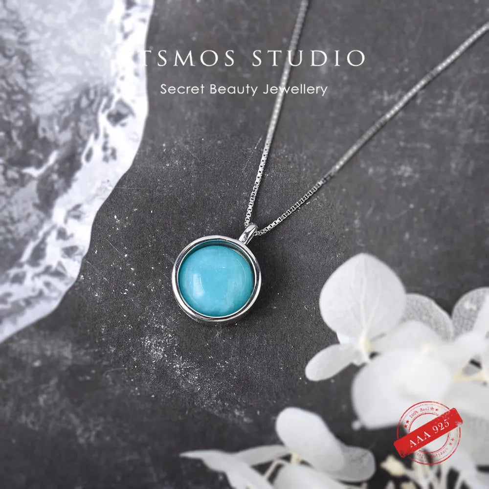 ITSMOS TOP Natural Aquamarine Pendant Necklace Amazonite Stone s925 Sterling Silver Chain Elegant Jewelry for Women Romatic