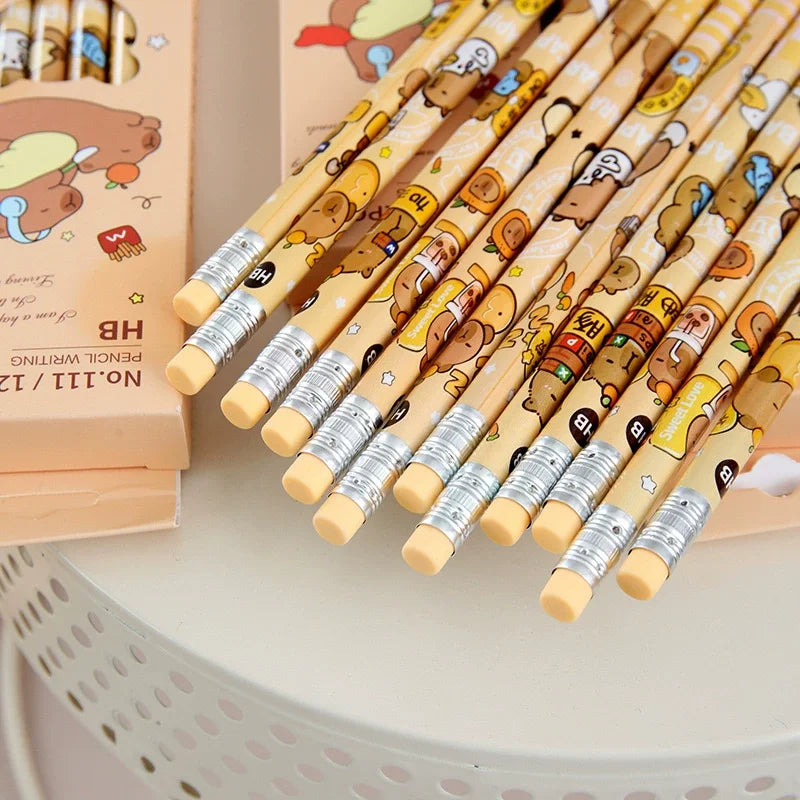 12Pcs/Pack Cartoon Animal Capybara Theme HB Writing Pencils for Kids Birthday Party Favors Back To School Rewards Goodie Bag