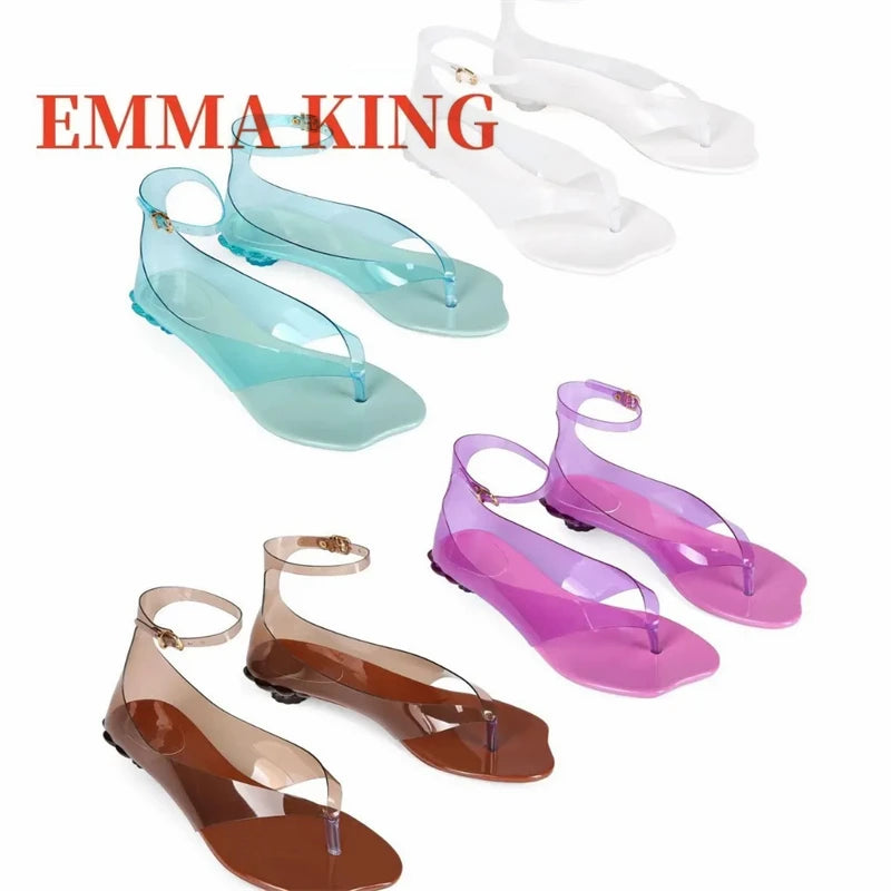 Women's Thong Jelly Sandals,2026 New Clear PVC Sandals ,Ankle Buckle Strap Low Heel Sandals,Summer Beach Casual Footwear,35-43