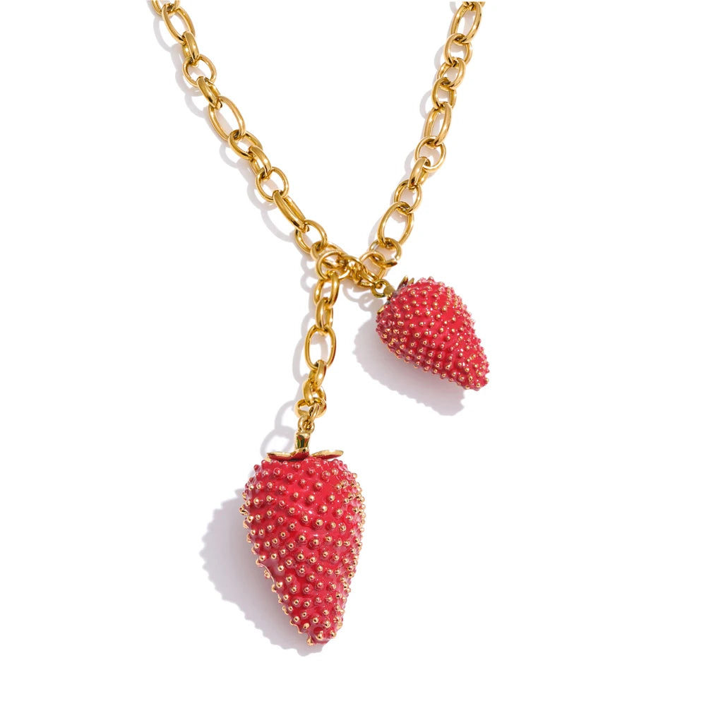 Yhpup Waterproof Sweet Red Lovey Strawberry Charms Pendant Necklace for Women Stainless Steel New Arrivals Trend Jewelry 2025