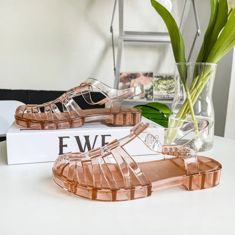 Summer Baotou Roman Women's Sandals Vintage Flat Heel Transparent Crystal Beach Shoes Flat Bottom Plastic Jelly Shoes SHW147