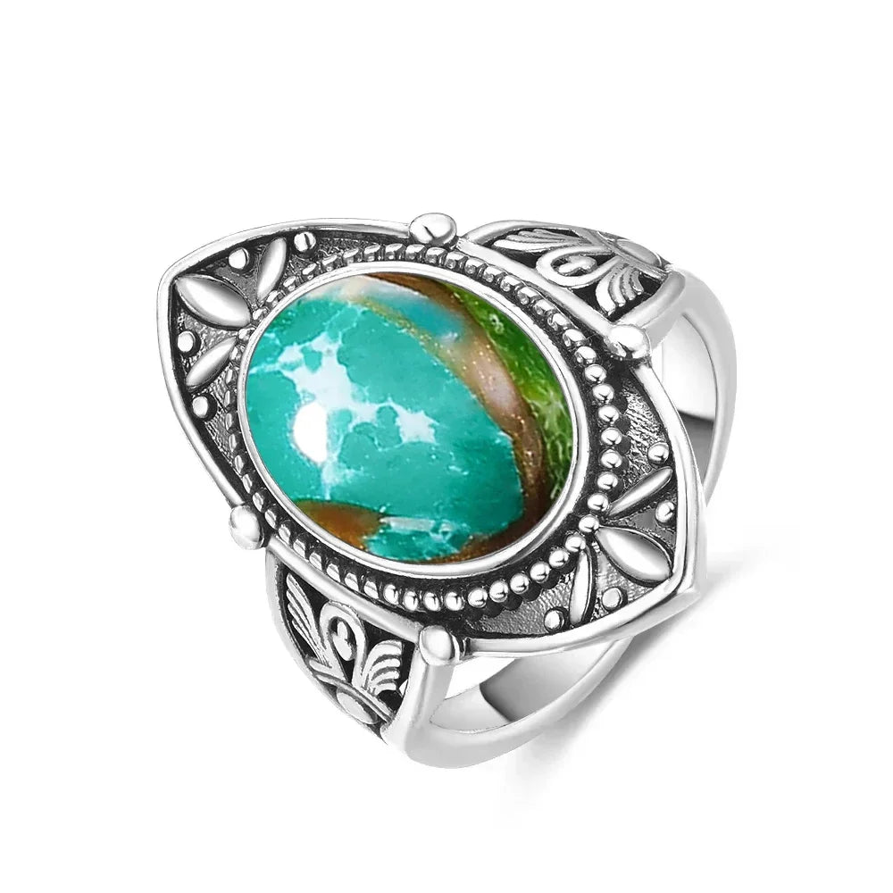 Vintage S925 Sterling Silver Ring with Oval Natural Emperor's Stone Flower Shape Hollow out Ring Fine Jewelry for Women