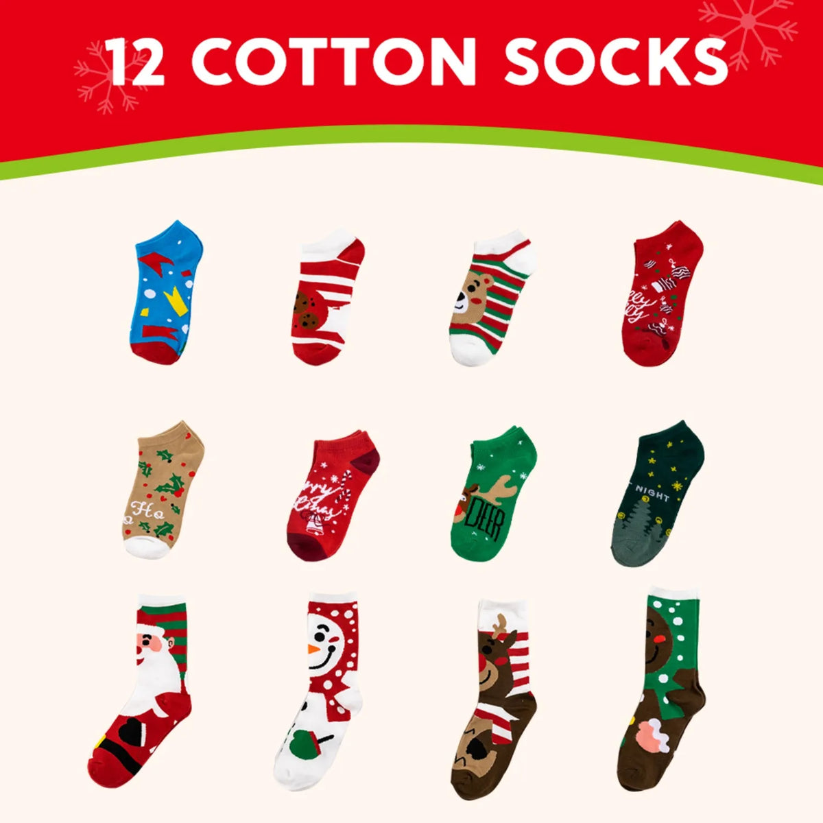 12 Days of Christmas Socks Advent Calendar – 8 Low Cut & 4 Knee High Pairs