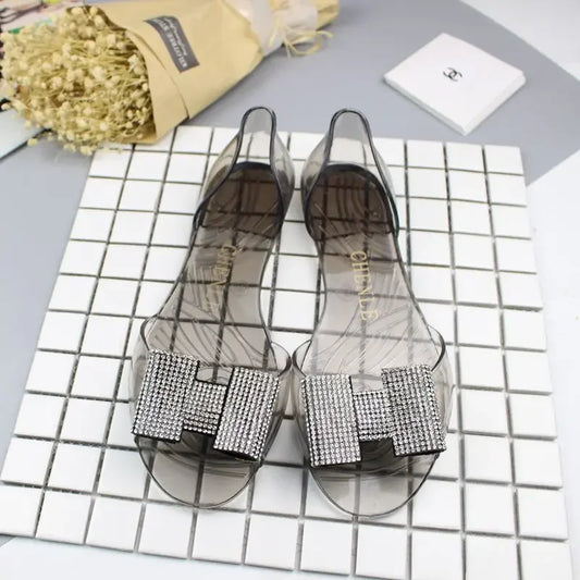 Comemore 2021 New Women Sandals Summer Bling Bowtie Jelly Shoes Woman Casual Peep Toe Transparent Sandals Flat Comfortable Beach