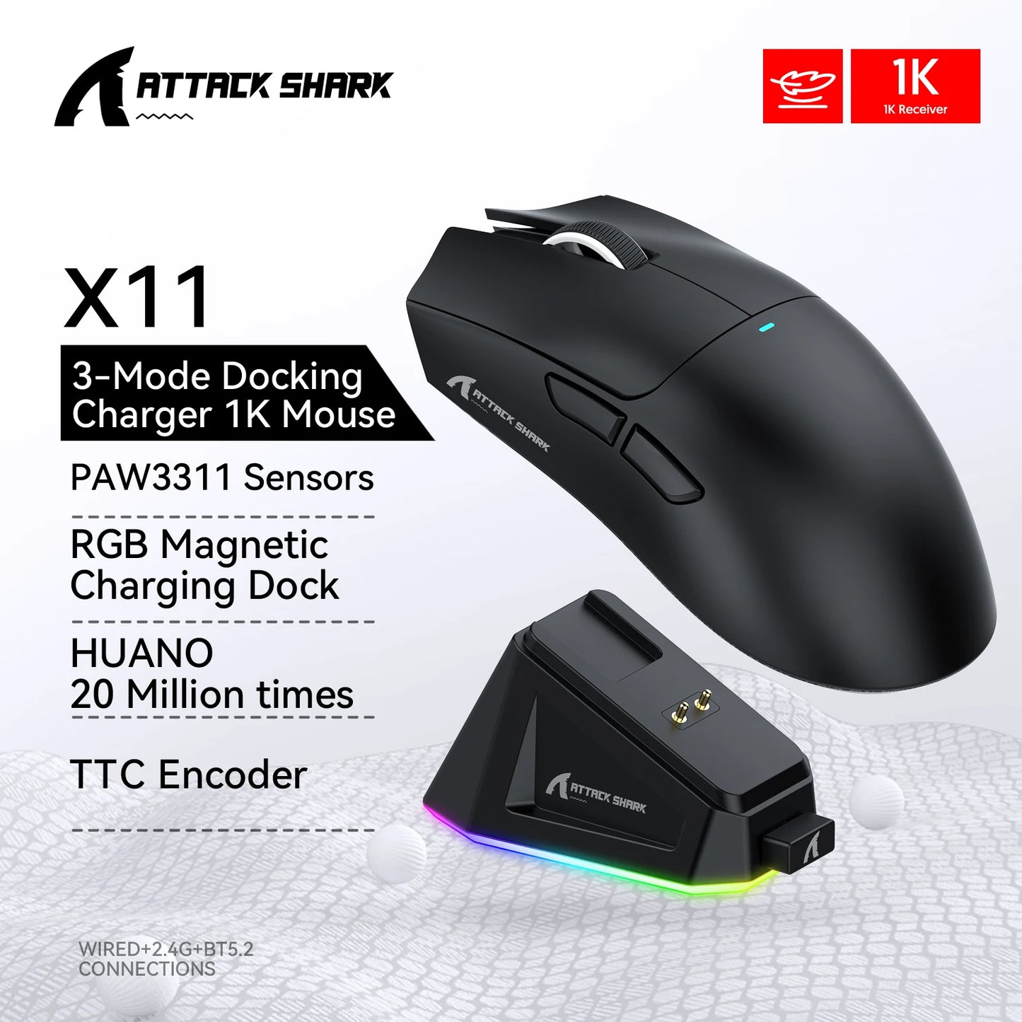 ATTACK SHARK X11 PAW3311 optical sensor,maximum resolution of 22K DPI acceleration up to 40G,edge in competitive gaming