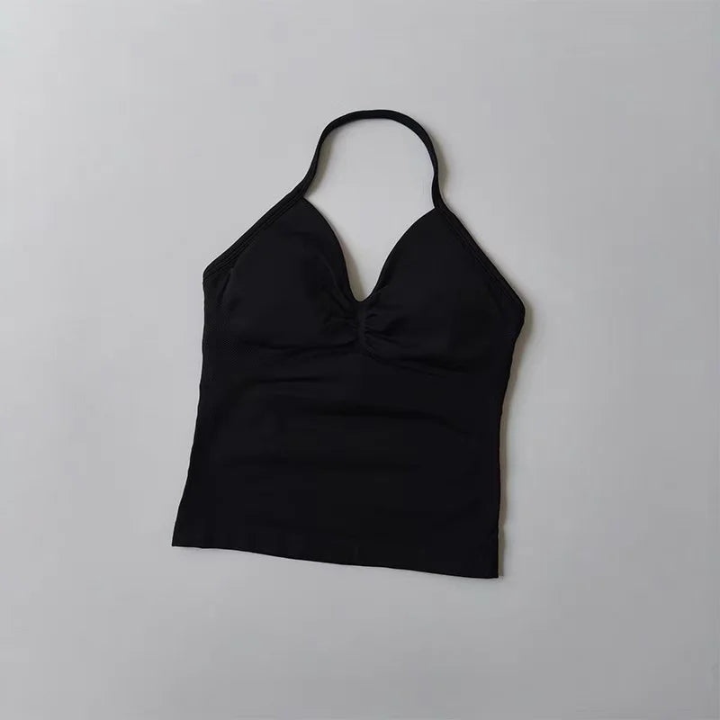 Sexy Halter Neck Beautiful Back High Waist Peach Sports Bras Shorts Suit Pilates Gathering Yoga Vest Training Fitness Bra Sets