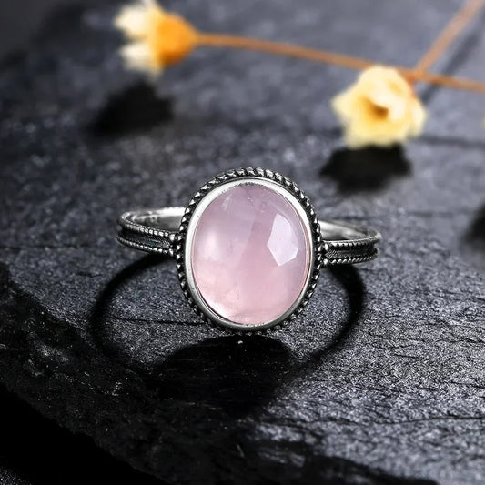 S925 Sterling SilverRing for Women Oval Round Natural Rose Quartz Ring Gift Sun Shaped Retro Luxury Fashion Fine Jewelry