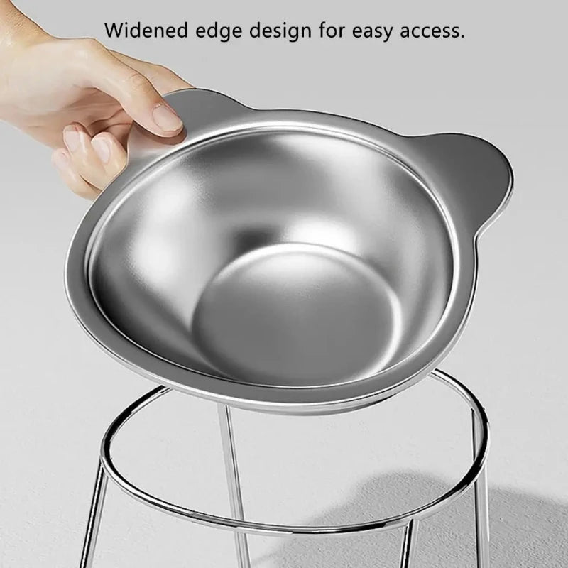 ‌304 Raised Stainless Steel Cat Bowl with 15° Elevated Design Tilted Neck Guard Healthy Feeding Shatterproof for Cats Puppies