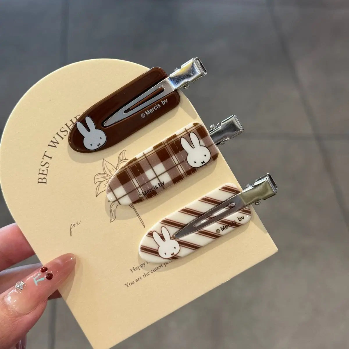 Kawaii Miffy Rabbit Hair Clip Coffee-colored Checkered Miffy Rabbit Traceless Clip Sweet and Retro Girl Cartoon Bangs Clip