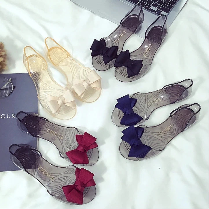 Size 36-42 Women Girls Jelly Sandals Peep-toe Shoes INS Hot Sales Sweet Bow Transparent PVC Summer Beach Flats Shoes