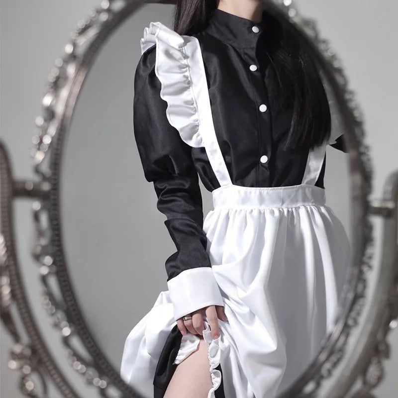 Japanese Style Maid Outfit Black White Long Dress Lolita Unisex Men Women Halloween Costume Uniform Full Set Adults Plus Size