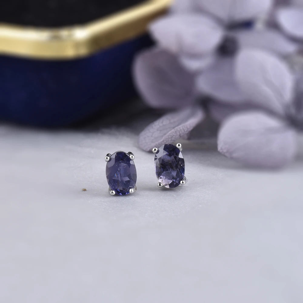 ITSMOS Iolite 6x4mm Natural Oval Shape Iolite Blue Gemstone White Gold Plated Stud Earrings Petite Studs Jewelry for Women