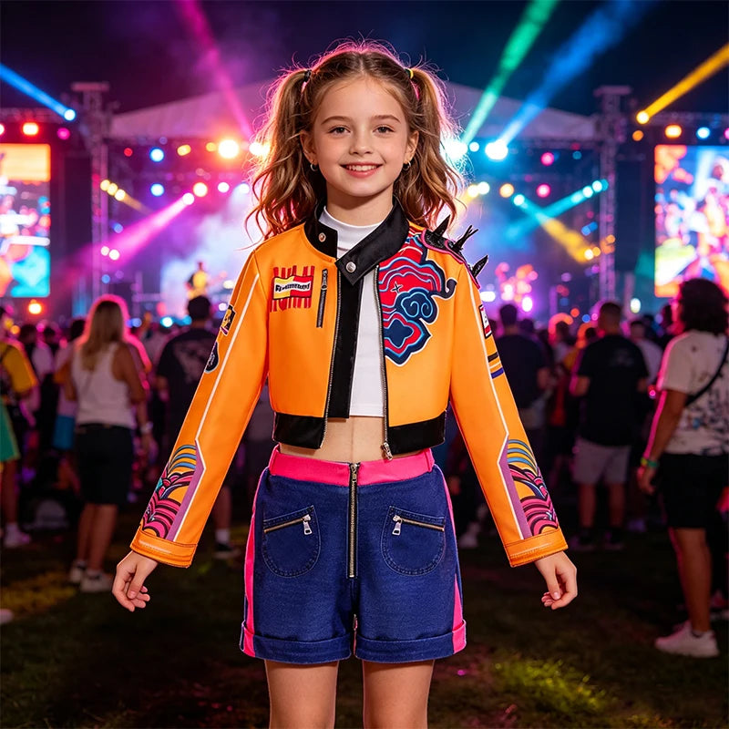 Kids Girls Street‑Style Fancy Cosplay Kit 3D Printed Cropped Jacket Shorts for Halloween Birthday Theme Party Role‑Play Outfit