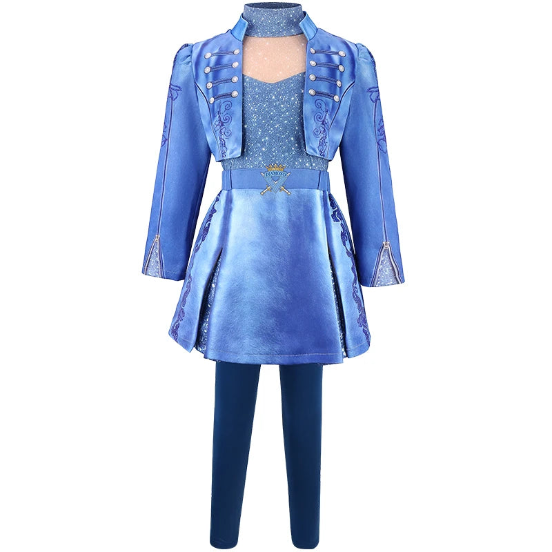 Girls Descendants Blue Jacket Wicked Fairy Tale Halloween Fancy Dress Outfit Kids Carnival Birthday Party Clothes Girls Theme Ev