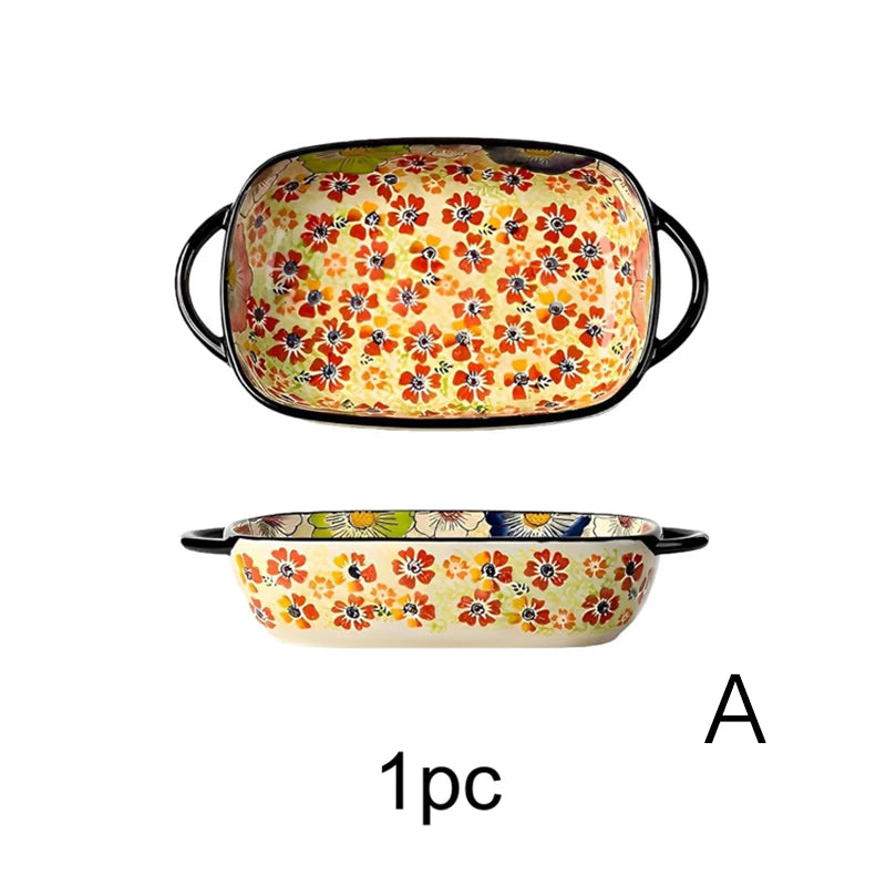 Polish Pottery Floral Baking Dish Set, Hand Painted Ceramic Bakeware with Handles, Oven Safe for Casserole & Fruit Serving