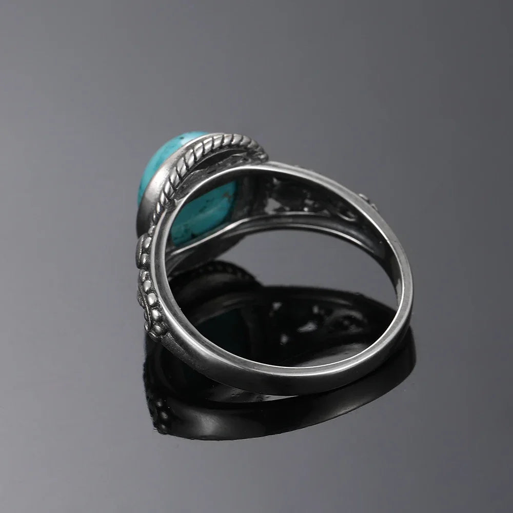 S925 Silver Oval Natural Turquoise Rings for Men Women Silver Fine Jewelry