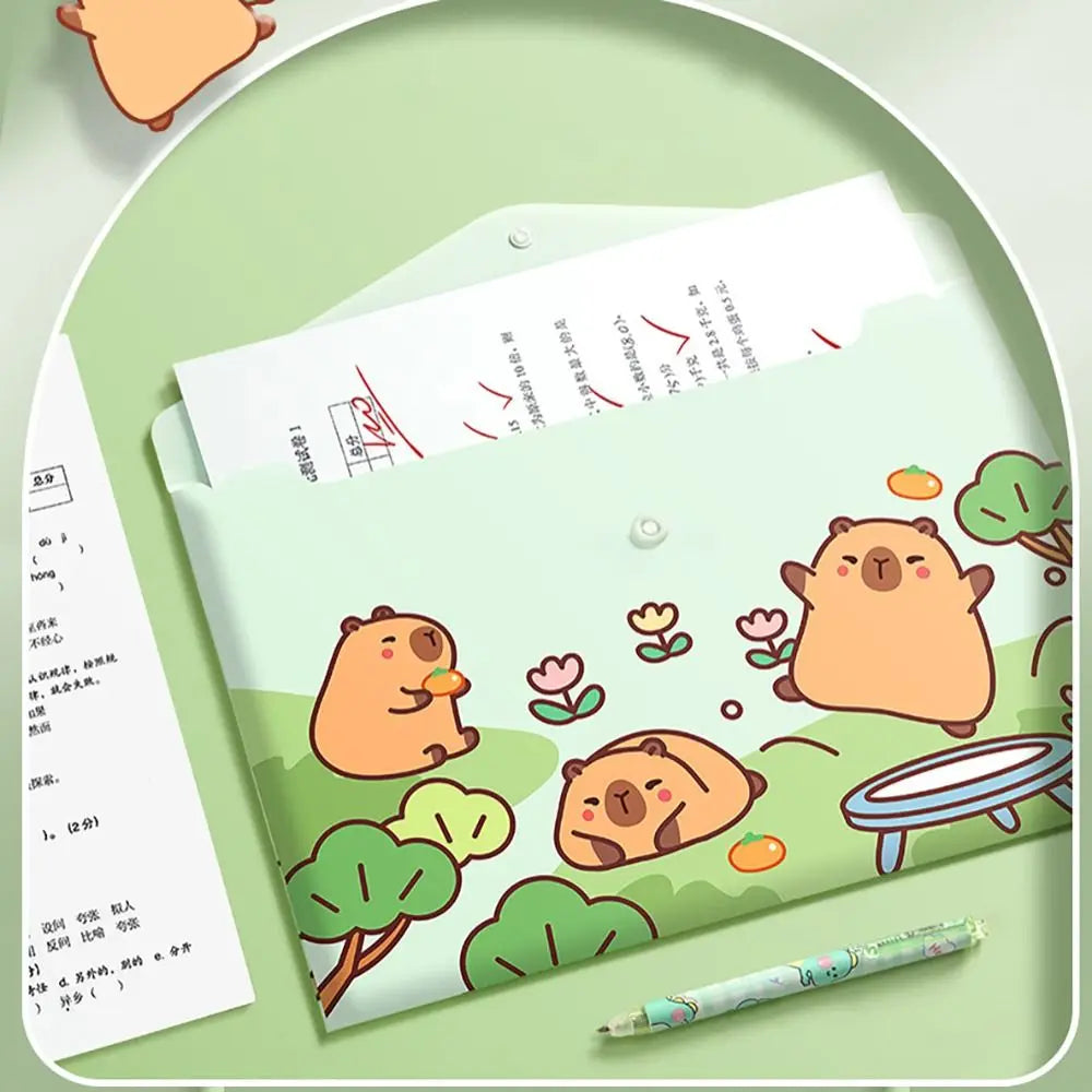 5PCS/Set Capybara Snap-fastener A4 File Folder Waterproof Large Capacity File Bag PP Test Paper Storage Envelope Folder Student