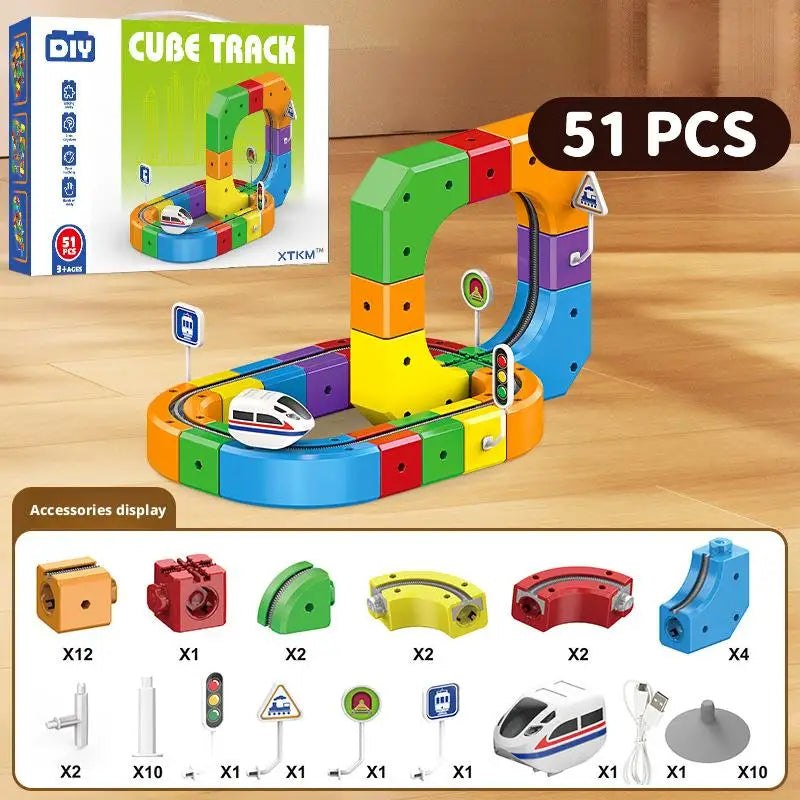 51/62/81/105//123/167PCS Magical Track Train Rechargeable 3D Building Tracks Cube Rails STEM Educational Toys Birthday Gift