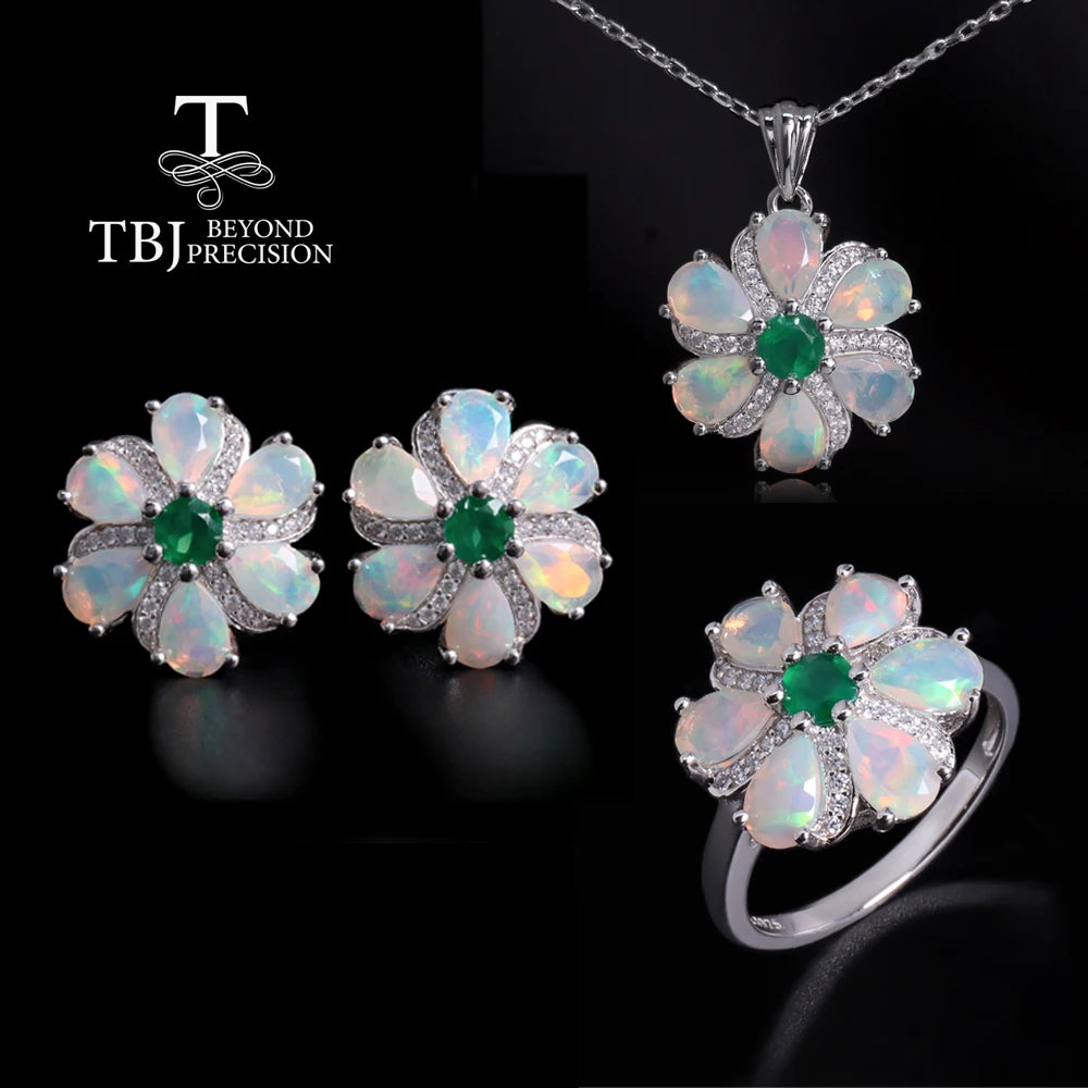 Women's Natural Opal Green Agate Jewelry Set S925 Sterling Silver Real Gemstone Pendant Necklace Earrings Ring Trifecta Gift