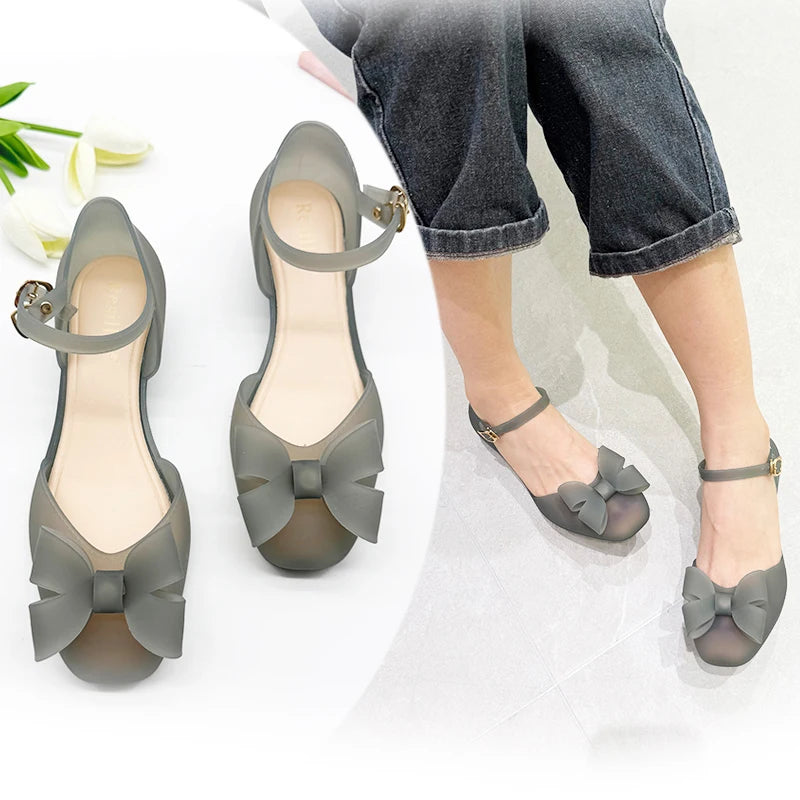 Resillee Women Mary Jane Jelly Shoes With Bow Decor Ankle Strap Waterproof PVC Flat Sandals Casual Anti-slip Beach Rain Shoes