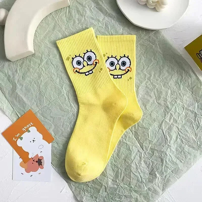 5 Pairs Kawaii SpongeBob Mid-Calf Socks Breathable Cotton Comfortable Tide Anime Socks for Boys Girls Students Birthday Gift