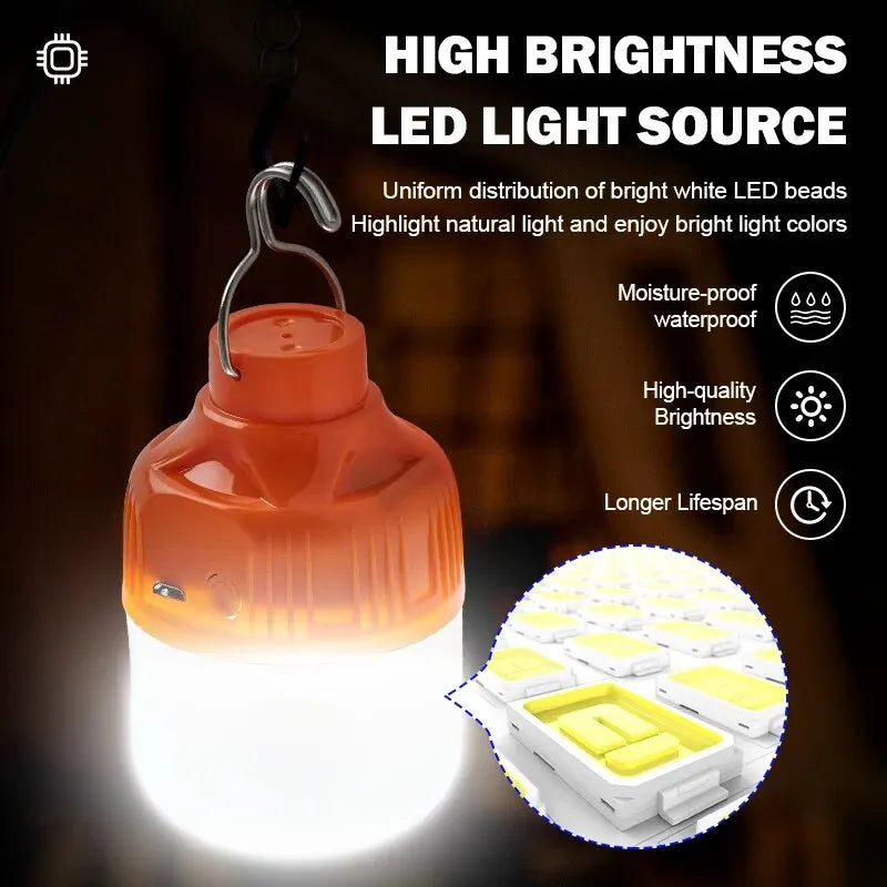 Outdoor USB Rechargeable LED Camping Lantern High Brightness Portable Tent Light with Hook for Hiking Fishing Night Use Travel