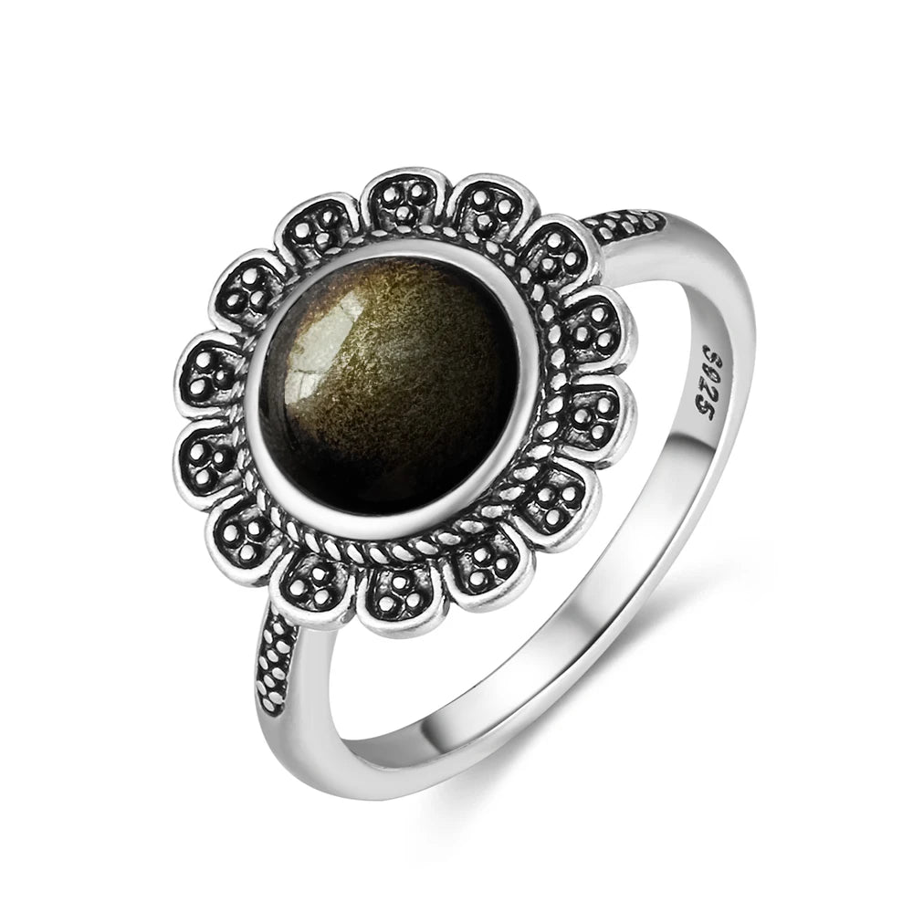 Vintage S925 Sterling Silver Ring Oval Round Natural Obsidian Ring Sun And Flower Shaped Retro Fine Jewelry For Women Men