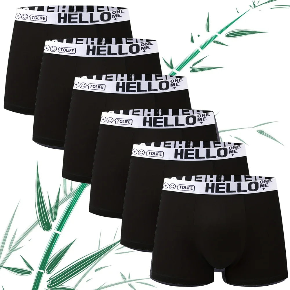 6Pcs Men's Bamboo Fiber Boxer Briefs Solid Color Simple Mid Waist Sports Underpants Soft Breathable High Quality Male Underwear