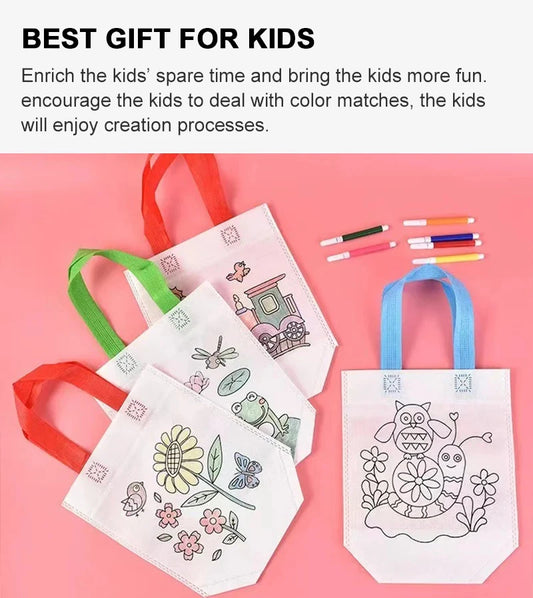 DIY Graffiti Bag & Coloring Markers Handmade Painting Non-Woven Bag for Children Candy Bag Arts Crafts Color Filling Drawing Toy