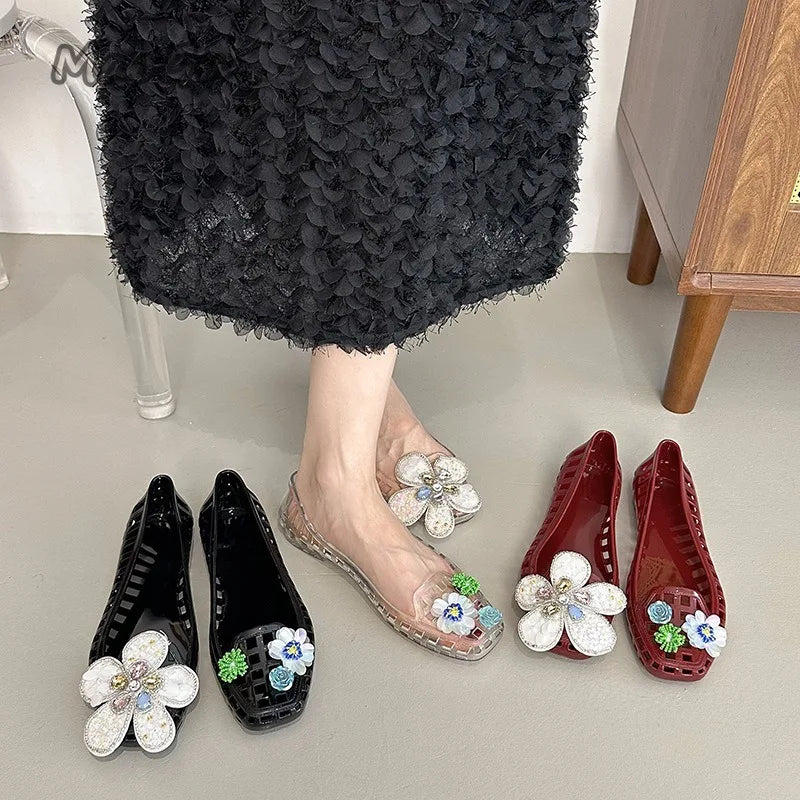 Transparent Crystal Jelly Sandals Hollow Out Slippers Korean Style Flat Shoes Women's Square Toe Shallow Slip on Ballet Loafers