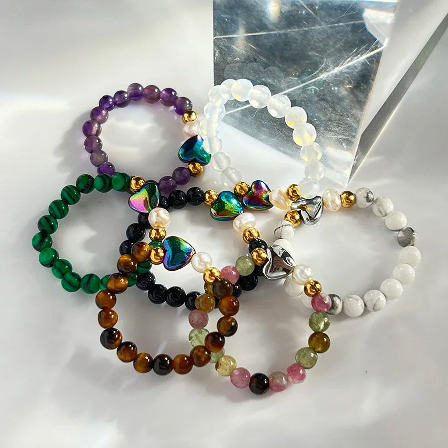 Bohemia Natural Stone Ring for Wedding Love Heart Jewelry Gifts Handmade Elastic Thread Adjustable Freshwater Pearl Women Rings
